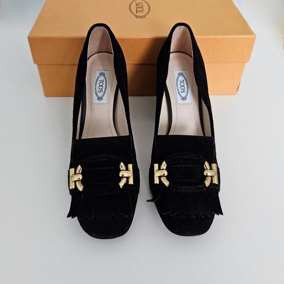 Tod’s Black Suede Block Heel Pumps with Gold Detail – Size US 6.5,  NWOT - Picture 2 of 8